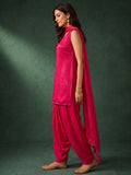 Rani Pink Solid V Neck Short Kurta With Farsi Salwar And Dupatta.