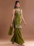Round Neck Embroidered Kurta Set Featuring Zari And Sequin Work With Flared Palazzo And Embellished Dupatta