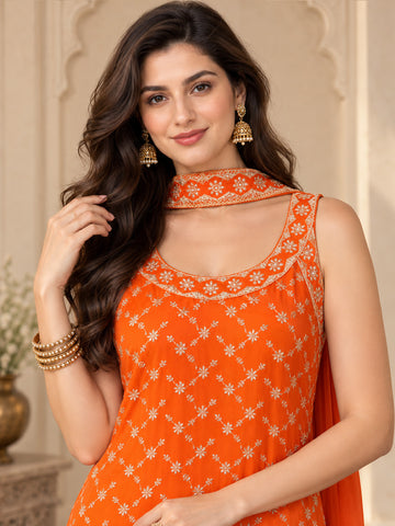 Varanga Women Ethnic Motifs Embroidered Regular Thread Work Kurta with Palazzos & With Dupatta