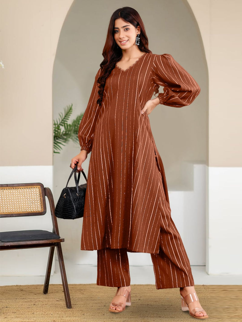 Varanga Women Brown Lurex A- Line Kurta With Trousers