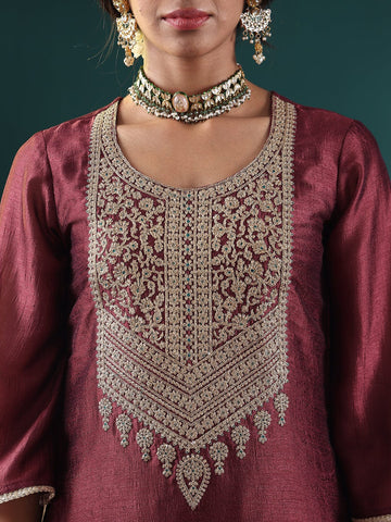 Varanga Women Burgundy Zari Embroidered Kurta With Bottom And Dupatta