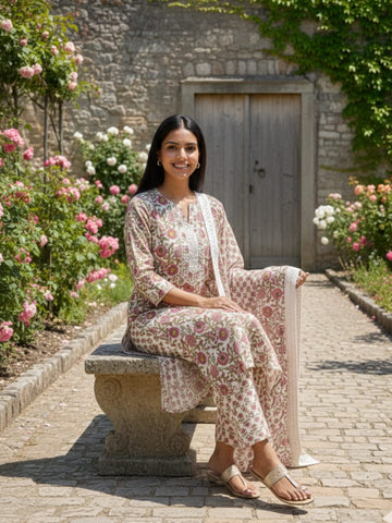 Varanga Women Floral Printed Regular Pure Cotton Kurta with Trousers & With Dupatta