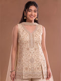White Embroidered Kurta Set Featuring Zari And Sequin Work With A Matching Flared Palazzo And Embellished Dupatta