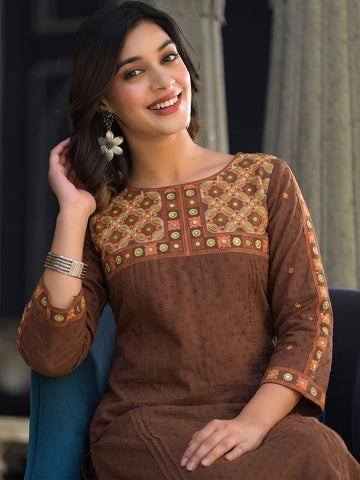 Women's Brown Yoke Embroidered Straight Kurta