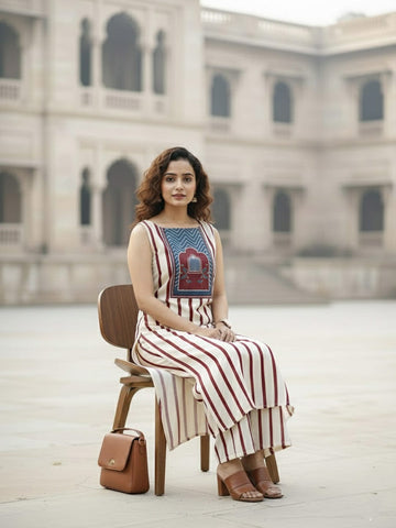 Sleeveless Striped Kurta Set with Printed Yoke and Matching Trousers