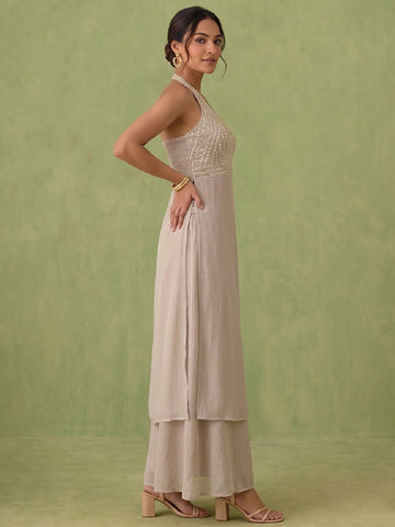 Embellished Mirror-Work Halter Kurta With Palazzo Set