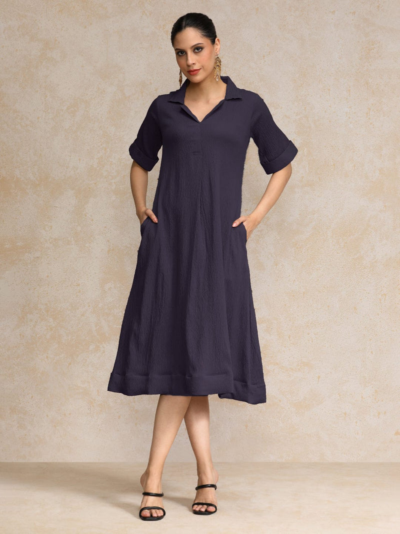 Varanga Women Beige Shirt Collar A Line Dress