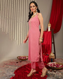 Varanga Women Mauve Straight Kurta With Tonal Ottom & Dupatta