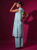 Sky Blue Tulip Print Halter Neck Kurta Set With Wide-Leg Trousers