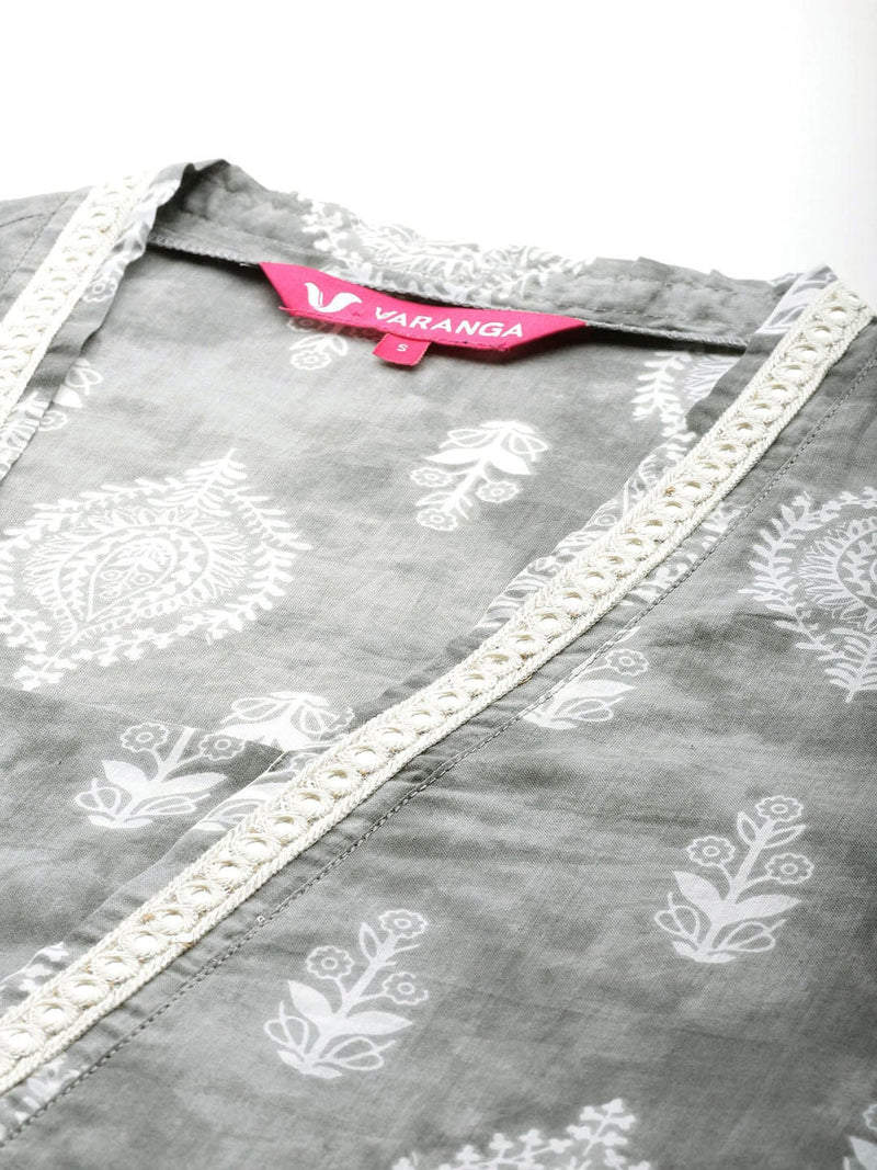 Varanga Women Grey Printed V-Neck Lace Embellished Straight Kurta