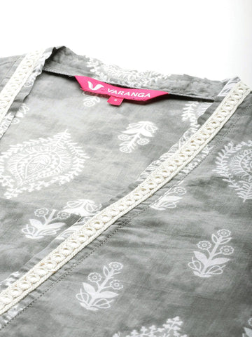 Varanga Women Grey Printed V-Neck Lace Embellished Straight Kurta
