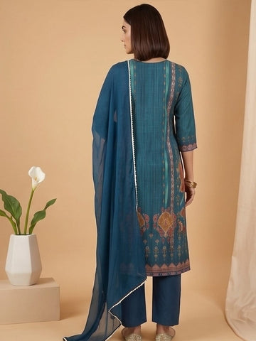 Varanga Women 3-Piece Blue Ikat-Printed Kurta Set With Solid Trousers And A Lace-Trimmed Dupatta