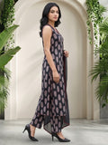 Black Sleeveless Kurta Set with Printed Trousers & Chiffon Dupatta