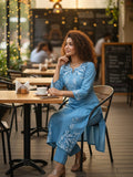 varanga women's ethnic solid skyblue round neck with v notch A line kurta with elegant emb. and  3/4 sleeves.