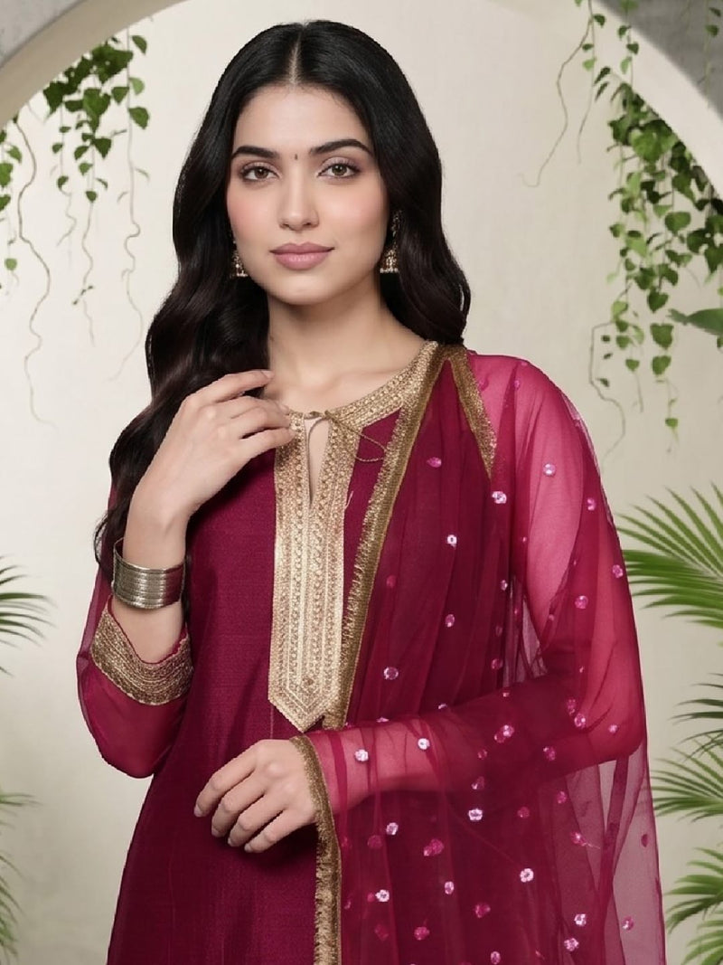 Varanga Women Fuchsia Lace Embellished Sleeveless Straight Kurta Paired With Tonal Plazzo And Dupatta