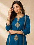Women's Blue Kurta Set With Strip Dupatta