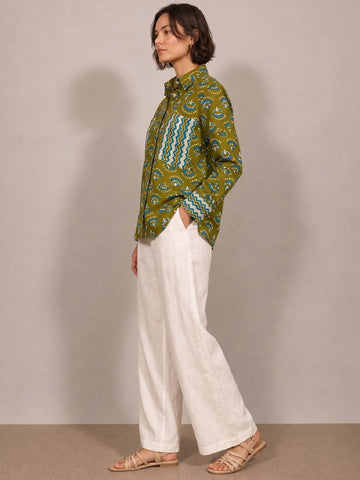 Varanga A Stylish Loose Fit Olive Green Printed Cotton Shirt
