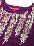 Varanga Women Purple Embroidered Straight Kurta With Three Quarter Sleeves