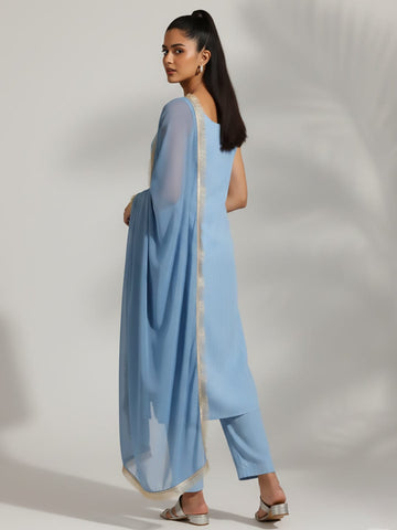 Varanga Women Blue Straight Kurta With Tonal Bottom & Dupatta