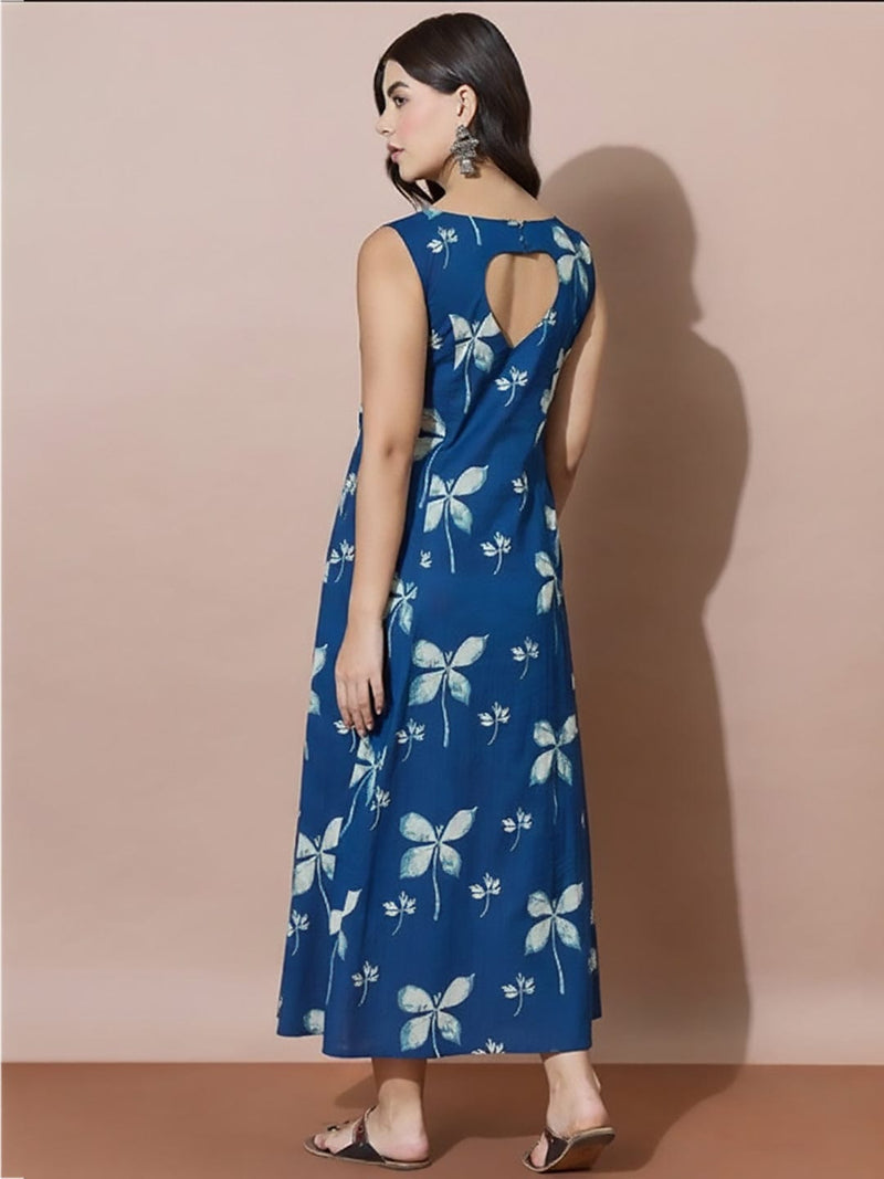 Indigo Floral Stunning Heart-Shaped Back Cut-Out Dress