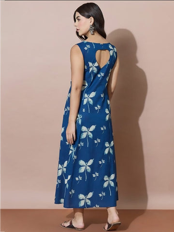 Indigo Floral Stunning Heart-Shaped Back Cut-Out Dress