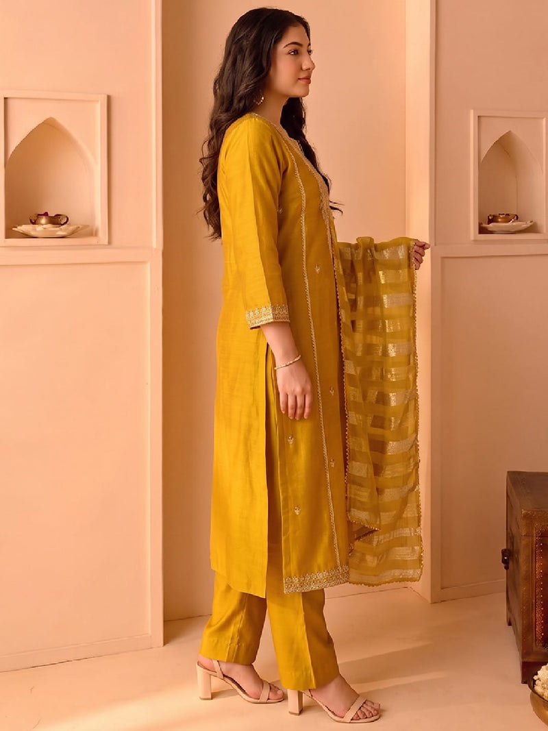 Mustard Embroidered Kurta Set, Paired With A Shiny Striped Dupatta
