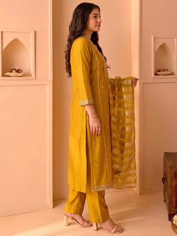 Mustard Embroidered Kurta Set, Paired With A Shiny Striped Dupatta