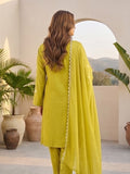Kurta Set With 3D Work On The Sleeves Paired With Solid Trousers And Dupatta.