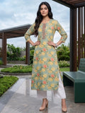 Varanga Women Sea Green Floral Printed Mirror And Thread Embroidered Straight Kurta With Thtree Quarter Sleeves