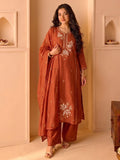 Rust Shiny Kurta Set With Embroidered Dupatta