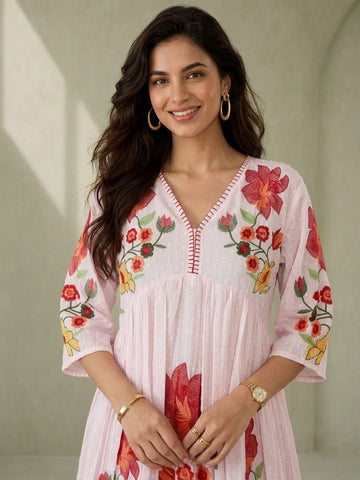 Blush Pink Floral Embroidered Alia Cut Dress