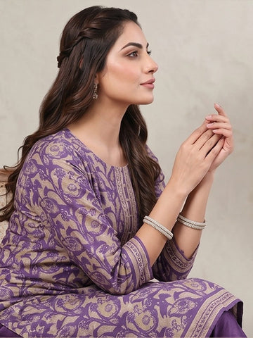 Varanga Women Purple Floral Printed Straight Kurta with Trouser and Printed Dupatta
