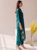 Women Shirt-Style Kurta Set Featuring Asymmetrical Floral Embroidery