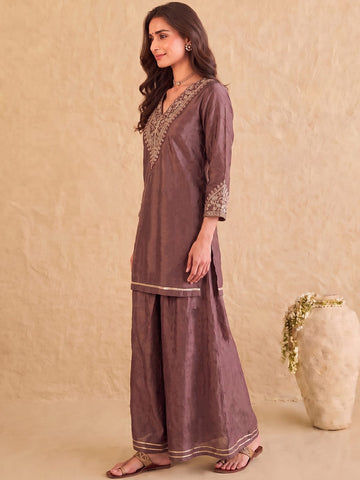Brown Embroidered Kurta With Palazzo And Dupatta.