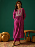 Bandhani-Printed Anarkali With Zari-Embroidered Yoke, Paired With Solid Trousers And Dupatta