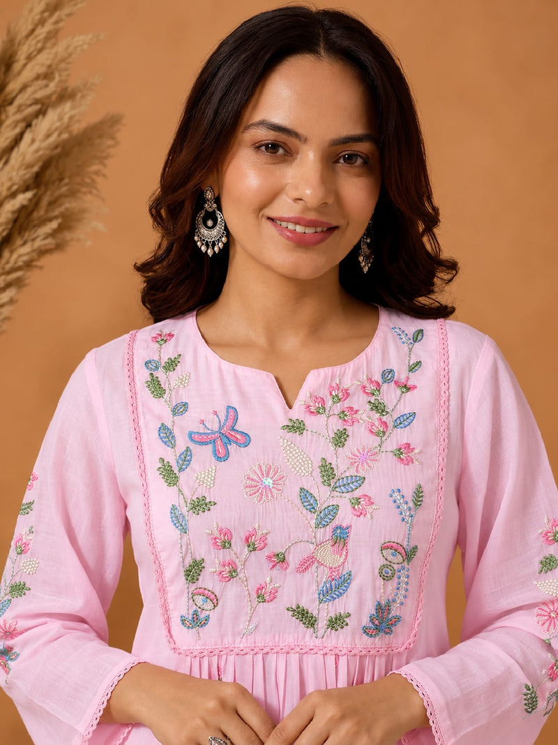 Varanga Women Floral Embroidered Empire Thread Work Pure Cotton Kurta with Trousers & With Dupatta