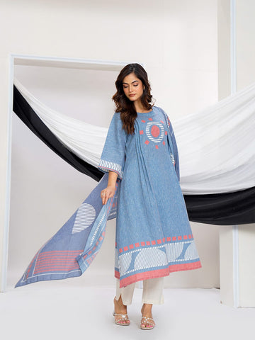 Modern Geometric-Border Kurta with Linear Striped Dupatta