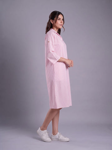 Women's Pink & White Striped Cotton-Blend Collared Shirt Dress