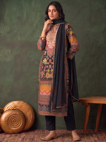 Women'S Black Floral Printed Straight Kurta Set With Tonal Dupatta