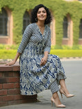 Classic ikat print Aliya-cut kurta in blue and white, teamed with regular-fit ankle-length trousers.
