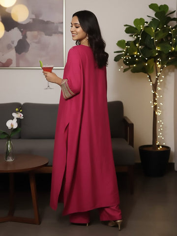 Zari Embroidered Lace Neck Flared Kaftan with Trouser
