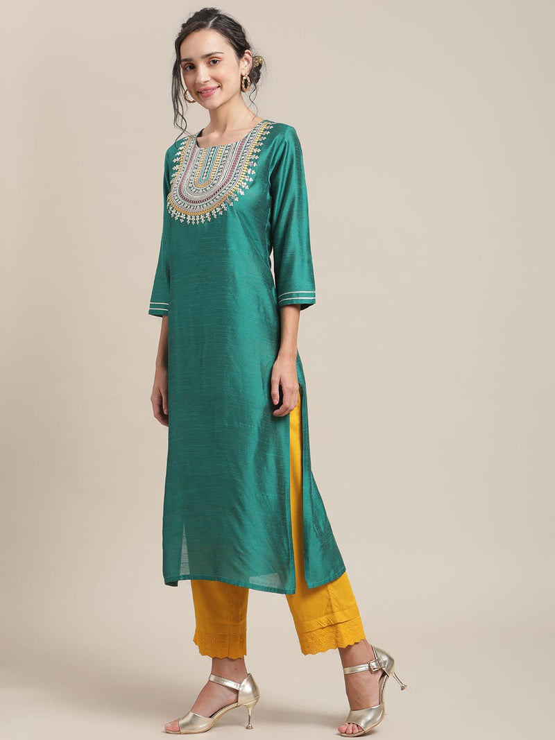 Varanga Women Teal Green Yoke Design Regular Kurta With Trousers & With Dupatta