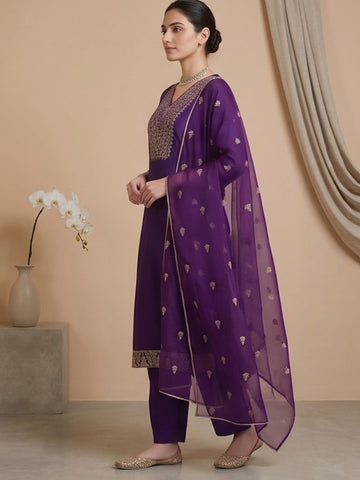 Varanga Women Zari Embroidered Yoke Kurta With Trouser & Sequins Detailed Dupatta