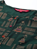 Varanga Navy Green And Gold Toned Abstract Printed Round Neck Kurta