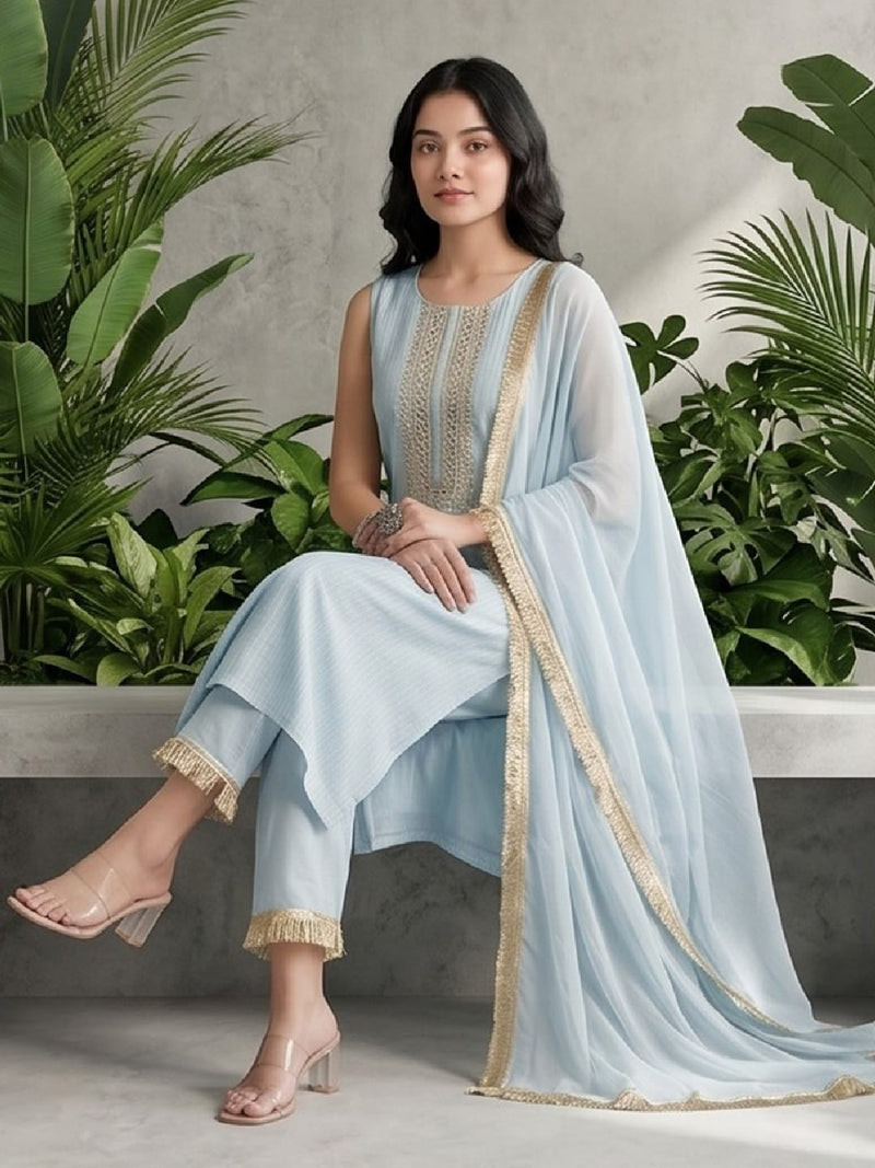 Varanga Women Blue Straight Kurta With Tonal Bottom & Dupatta