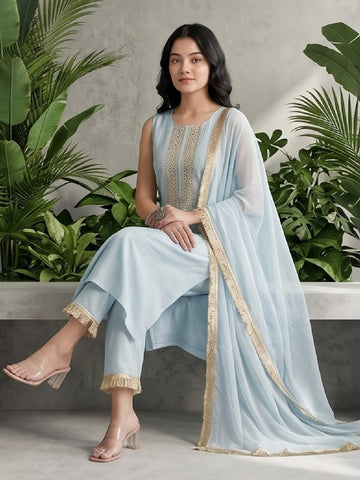 Varanga Women Blue Straight Kurta With Tonal Bottom & Dupatta