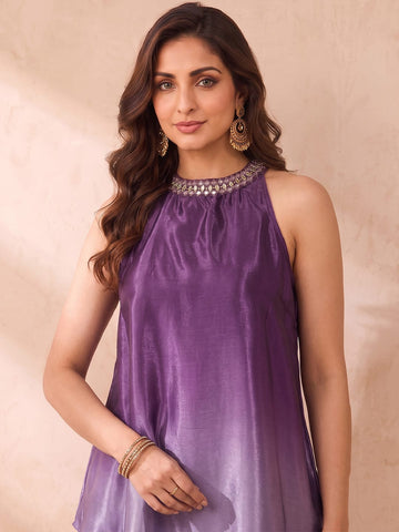 Varanga Women Ombre Dyed Mirror Work Silk Crepe Top with Palazzos