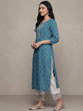 Varanga Women Turqoise Blue Bandhani Print Gotta Embellished Straight Kurta With Three Quarter Sleeves