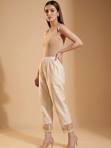 Varanga Women Varanga Off White Silk Organza Zari Embellished Trousers