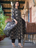 Varanga Women Black Mandarin Collar Embellished Yoke Three-Quarter Sleeves Paired With Printed Bottom And Dupatta